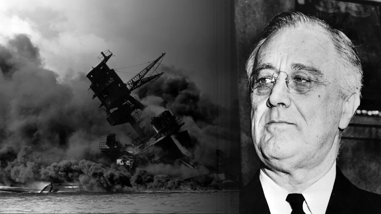 USS Arizona Sunk during the attack on Pearl Harbor, World War II + Franklin Delano Roosevelt in 1942
